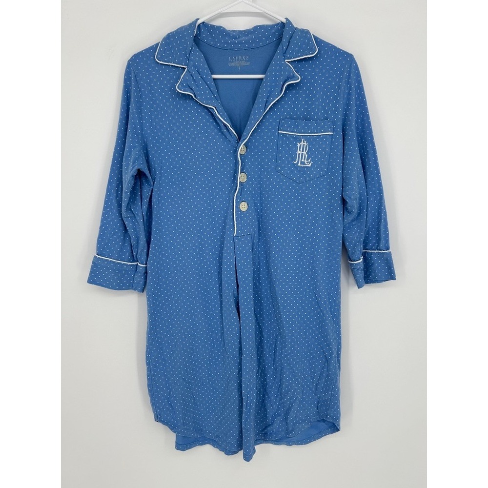 Lauren Ralph Lauren Blue Polka Dot Sleep Shirt Preppy Womens S Grandma Quiet Lux